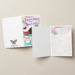 Happy Birthday Sweet Friend Greeting Card - Cupcakes Hearts And Flowers