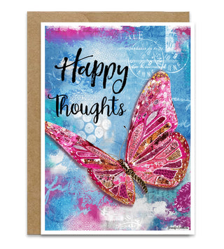 A greeting card with a kraft paper envelope, featuring a vibrant pink and gold butterfly on a blue and pink watercolor background with the text 'Happy Thoughts'. Artwork by Jennifer Lambein. 