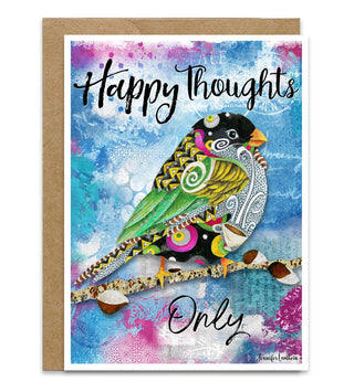 A greeting card with a kraft envelope, featuring a colorful watercolor-style bird perched on a branch with the words 'Happy thoughts Only' in black script over a blue, pink, and purple abstract background. Artwork by Jennifer Lambein. 