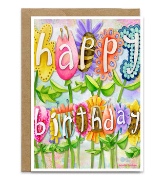 Colorful birthday card with floral design and 'Happy Birthday' text on the flowers. Artwork by Jennifer Lambein. 