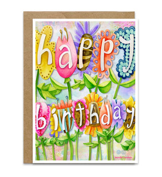 Colorful birthday card with floral design and 'Happy Birthday' text on a white background.