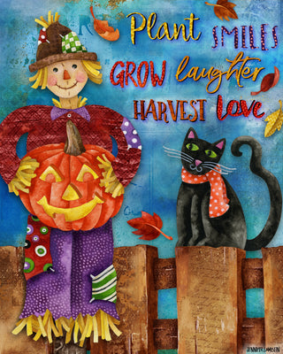 Harvest Love Art Print - Scarecrow Pumpkin & Black Cat