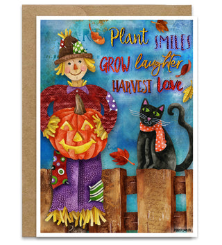 Harvest Love Greeting Card - Scarecrow Pumpkin & Black Cat Art