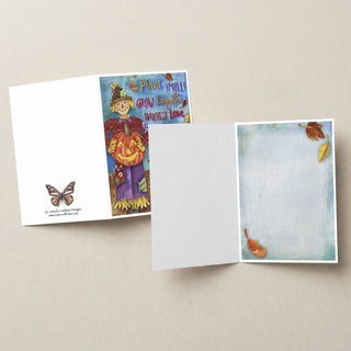 Harvest Love Greeting Card - Scarecrow Pumpkin & Black Cat Art