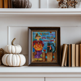 Harvest Love Art Print - Scarecrow Pumpkin & Black Cat