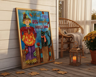 Harvest Love Art Print - Scarecrow Pumpkin & Black Cat