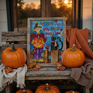 Harvest Love Art Print - Scarecrow Pumpkin & Black Cat