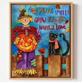Harvest Love Art Print - Scarecrow Pumpkin & Black Cat