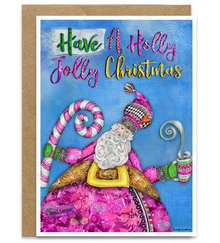 Holly Jolly Christmas Greeting Card - Pink Santa & Candy Cane Art