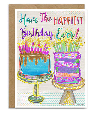 Birthday card with colorful cakes and 'Have the Happiest Birthday Ever!' text
