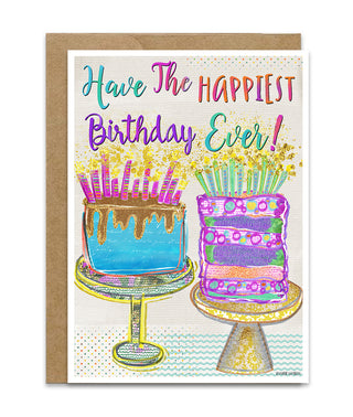 Birthday card with colorful cakes and 'Have the Happiest Birthday Ever!' text
