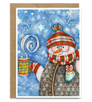 Heart Warming Snowman Greeting Card - Winter Snow & Stars Scene
