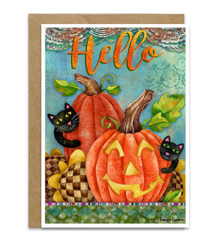 A fall or Halloween greeting card with whimsical watercolor black cats, pumpkins, and sunflowers that says, "Hello". Artwork by Jennifer Lambein. 