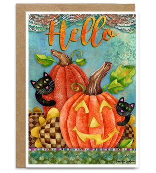 Hello Pumpkin Greeting Card - Black Cat & Sunflowers Art