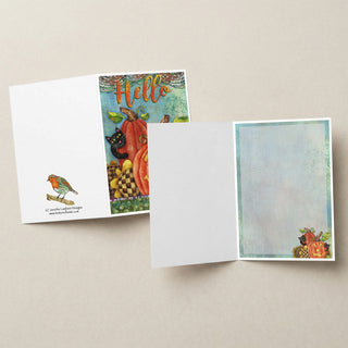 Hello Pumpkin Greeting Card - Black Cat & Sunflowers Art