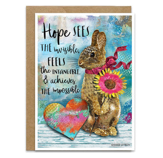 Greeting card with a rabbit, heart, and wildflower illustration and motivational quote on a colorful background