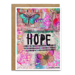 Colorful greeting card with butterflies and the word 'HOPE' on a colorful collage background. Artwork by Jennifer Lambein. 