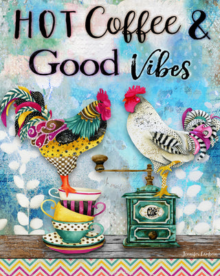 Hot Coffee & Good Vibes Art Print - Whimsical Watercolor Chicken Bird