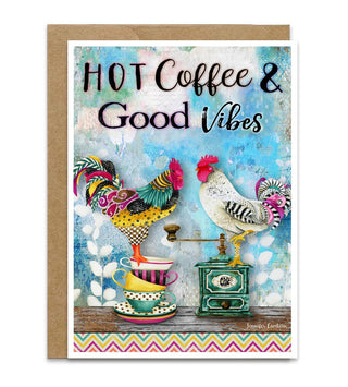 A greeting card with whimsical watercolor roosters standing on a vintage coffee cup and coffee grinder that says, "Hot coffee and good vibes." Artwork by Jennifer Lambein. 