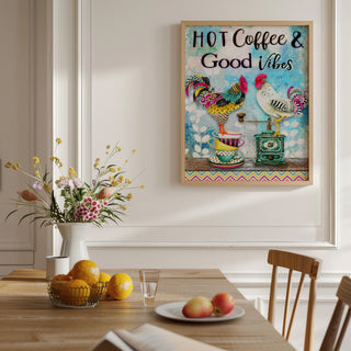 Hot Coffee & Good Vibes Art Print - Whimsical Watercolor Chicken Bird