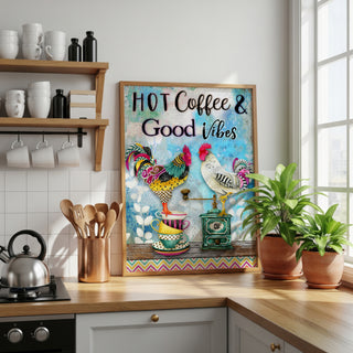 Hot Coffee & Good Vibes Art Print - Whimsical Watercolor Chicken Bird