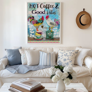 Hot Coffee & Good Vibes Art Print - Whimsical Watercolor Chicken Bird