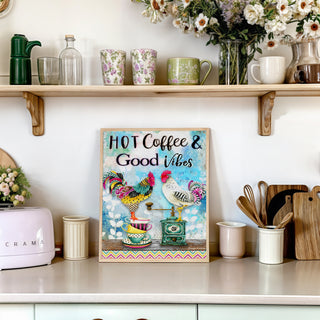 Hot Coffee & Good Vibes Art Print - Whimsical Watercolor Chicken Bird