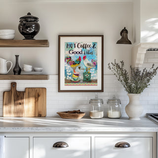 Hot Coffee & Good Vibes Art Print - Whimsical Watercolor Chicken Bird