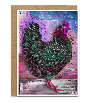 A greeting card featuring a stylized hen with green, black, and magenta feathers, shown with a kraft paper envelope on a white background. Artwork by Jennifer Lambein. 