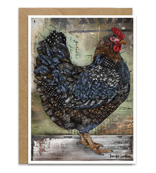 A greeting card with a rustic farmhouse chicken hen on the front. Artwork by Jennifer Lambein. 