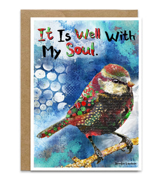 A whimsical bird Christmas card that says It is well with my soul. Artwork by Jennifer Lambein. 