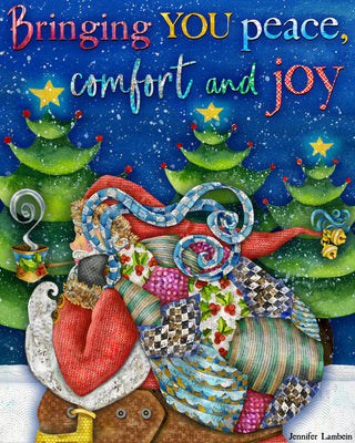 Peace & Joy Santa Art Print - Christmas Tree Winter Scene