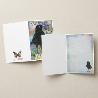 Believe Bird Greeting Card - Positive Quote Crow & Pumpkin Art