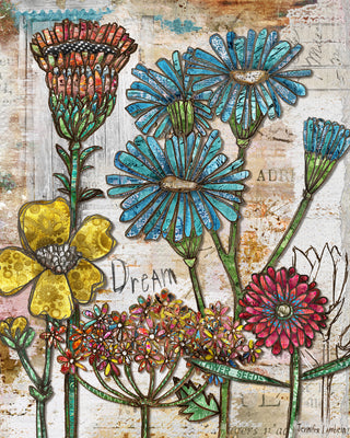 Colorful floral artwork on a textured background