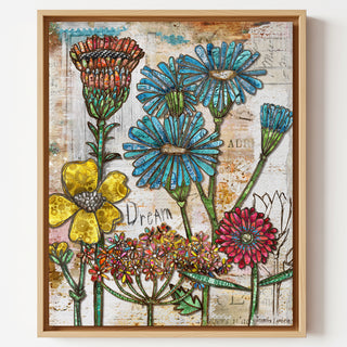 Framed artwork with colorful flowers and the word 'Dream' on a textured background.