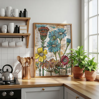 Kitchen counter with floral artwork, plants, and kitchen utensils.