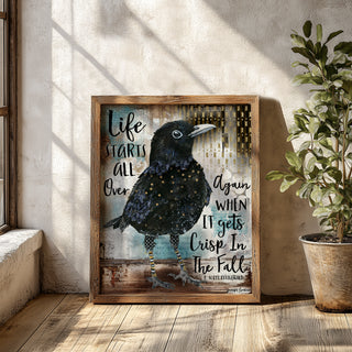 Fall Life Bird Art Print - Positive Quote - Crow Blackbird With Stars