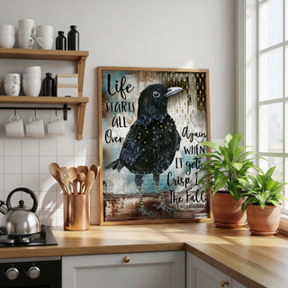 Fall Life Bird Art Print - Positive Quote - Crow Blackbird With Stars