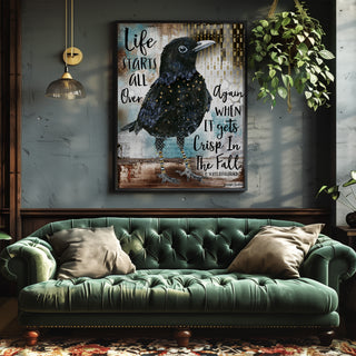 Fall Life Bird Art Print - Positive Quote - Crow Blackbird With Stars
