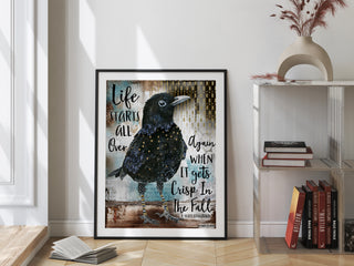 Fall Life Bird Art Print - Positive Quote - Crow Blackbird With Stars