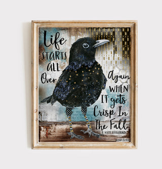 Fall Life Bird Art Print - Positive Quote - Crow Blackbird With Stars