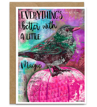 Magic Pink Pumpkin Greeting Card - Fall Halloween Raven Art Notecard