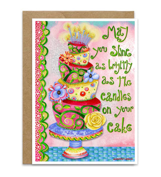 Colorful card with a cake illustration that says May you shine as brightly as the candles on your cake. 
