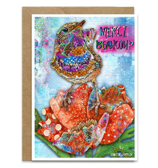 Colorful greeting card with a bird and wildflower, featuring the text 'Merci Beaucoup', which is French for thank you. Artwork by Jennifer Lambein. 