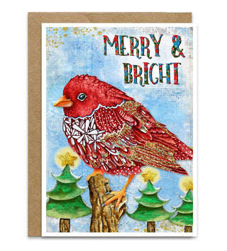 A greeting card with a whimsical red watercolor bird and Christmas trees with  gold stars that says, "Merry & Bright". Artwork by Jennifer Lambein. 