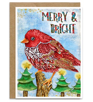 Merry & Bright Bird Greeting Card - Christmas Bird And Festive Trees Art