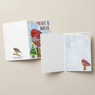 Merry & Bright Bird Greeting Card - Christmas Bird And Festive Trees Art