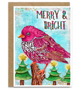 Merry & Bright Pink Bird Greeting Card - Christmas Bird And Trees Art