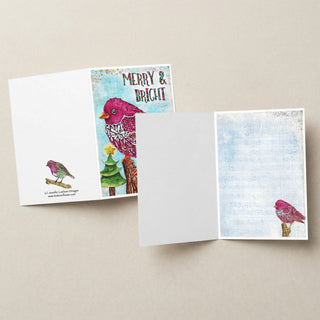 Merry & Bright Pink Bird Greeting Card - Christmas Bird And Trees Art