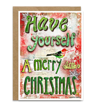 A Christmas greeting card with a kraft envelope, featuring the text 'Have yourself a merry little Christmas' in green lettering over a vintage-style red and white background with a small bird illustration that says "Love and hope". Artwork by Jennifer Lambein. 